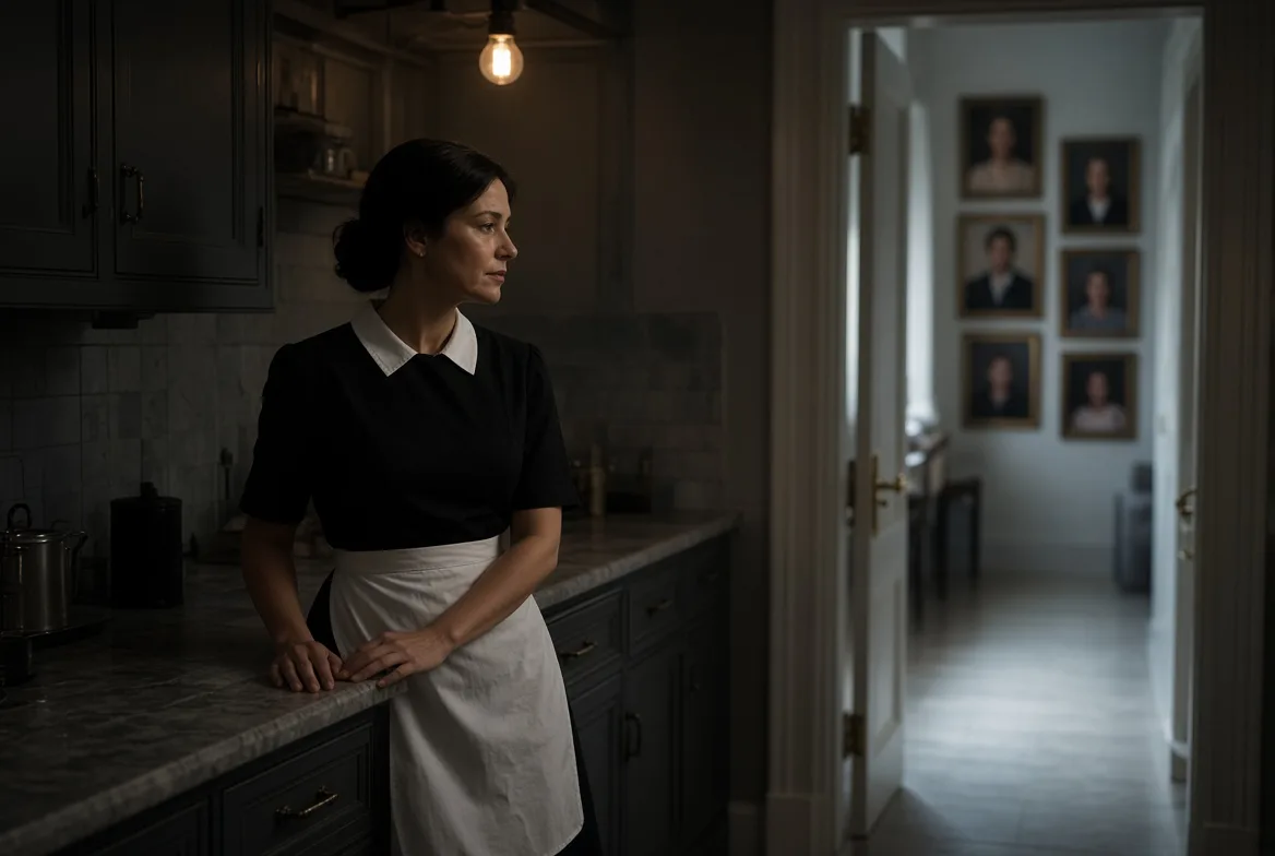Ines alone in the kitchen, the family portraits visible through the doorway