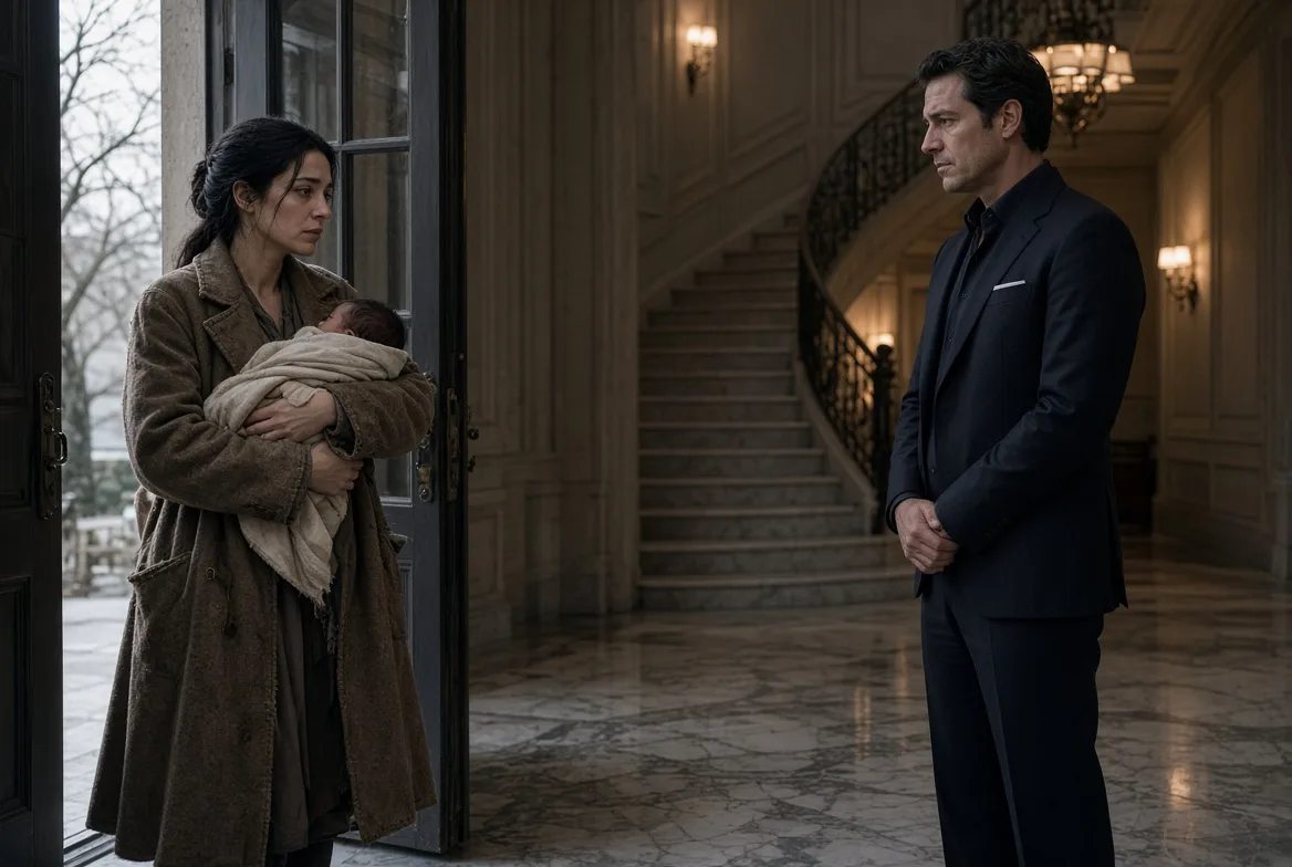 A younger Ines returning to the house with baby Miles, facing Edmund